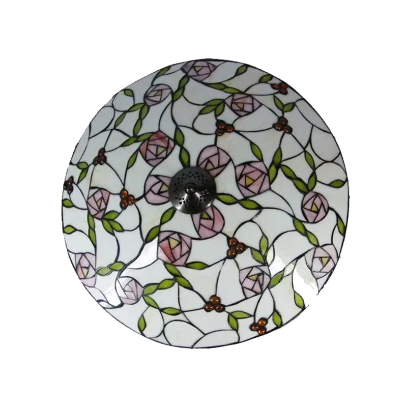 Vintage Tiffany Stained Glass Flush Ceiling Light with Pink and Green Bowl Design