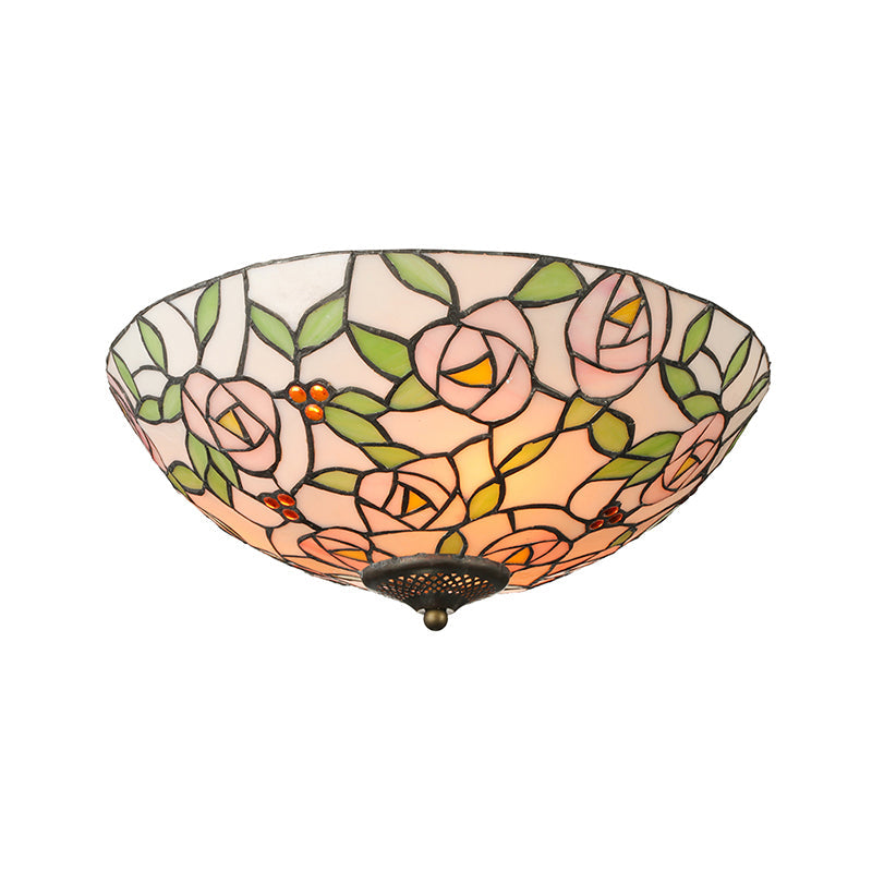 Vintage Tiffany Stained Glass Flush Ceiling Light with Pink and Green Bowl Design