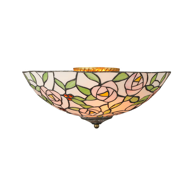 Vintage Tiffany Stained Glass Flush Ceiling Light with Pink and Green Bowl Design