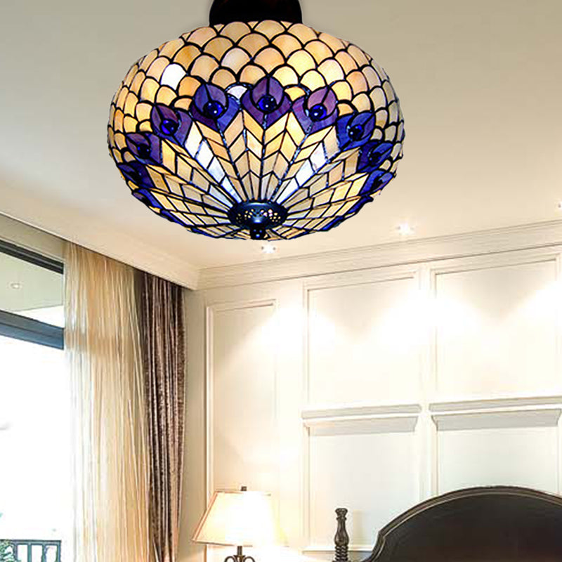 Vintage Stained Glass Peacock Pattern Semi Flush Ceiling Light with 3 Lights for Bedroom Lighting