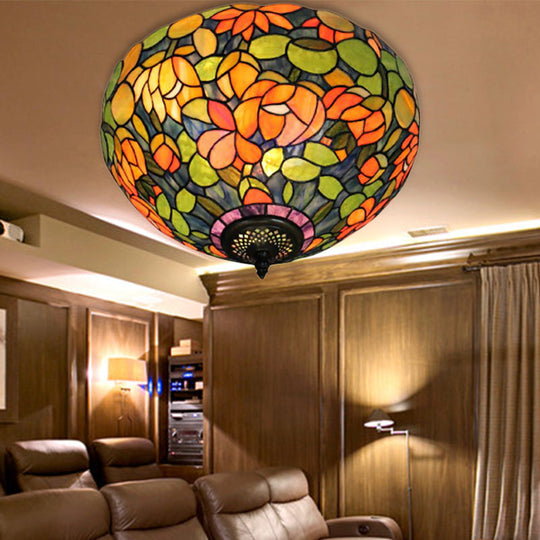 Retro Multicolored Stained Glass Ceiling Light with Flower Pattern - 2 Heads Flushmount Design