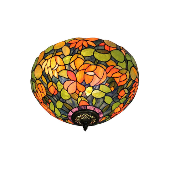 Retro Multicolored Stained Glass Ceiling Light with Flower Pattern - 2 Heads Flushmount Design