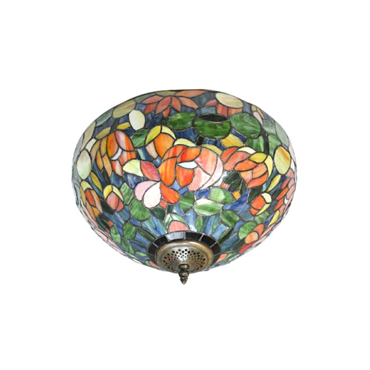 Retro Multicolored Stained Glass Ceiling Light with Flower Pattern - 2 Heads Flushmount Design