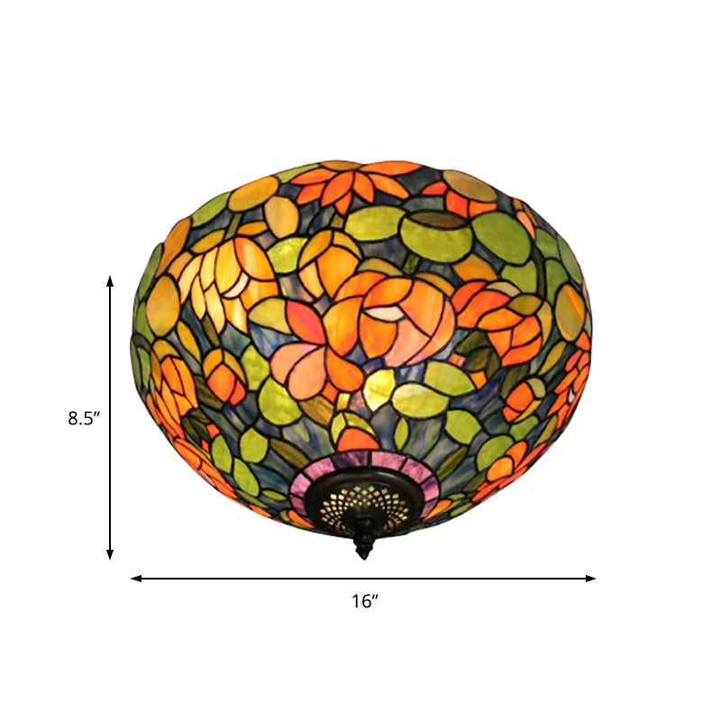 Retro Multicolored Stained Glass Ceiling Light with Flower Pattern - 2 Heads Flushmount Design