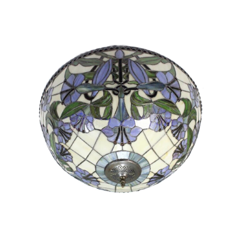 Retro Stained Glass Flushmount Ceiling Light with Morning Glory Pattern - Purple