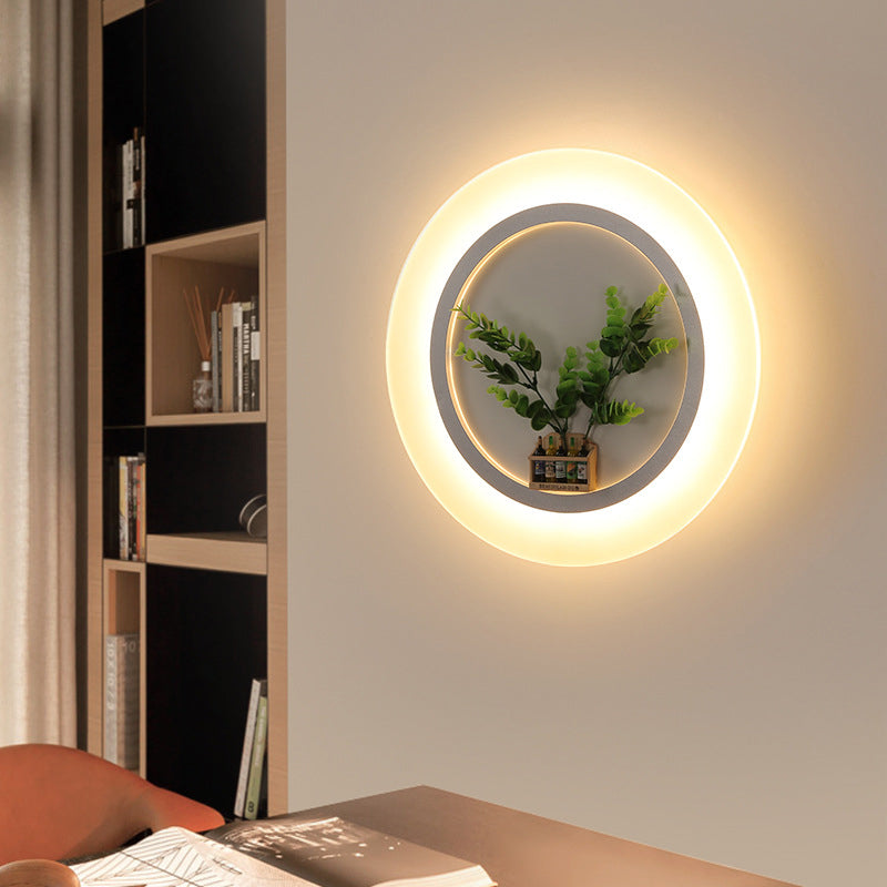 White Acrylic Ring Wall Lamp With Plant Deco Contemporary Lighting For Study Room / 8