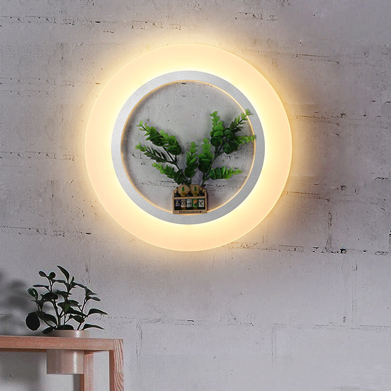 White Acrylic Ring Wall Lamp With Plant Deco Contemporary Lighting For Study Room