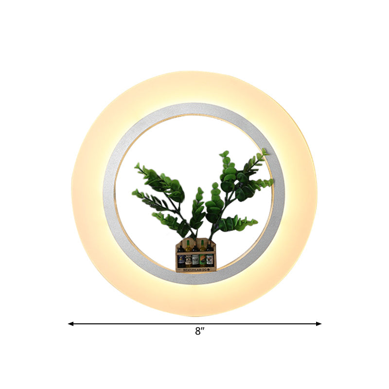 White Acrylic Ring Wall Lamp With Plant Deco Contemporary Lighting For Study Room