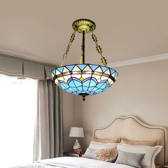 Blue Bowl Retro Style Stained Glass Semi Flush Ceiling Fixture For Coffee Shop / 19.5