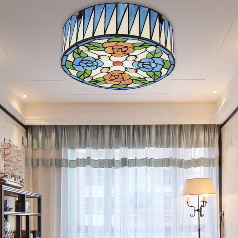 Lodge Ceiling Light: Rose Pattern With Blue Glass Lampshade