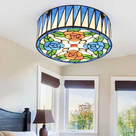 Lodge Ceiling Light: Rose Pattern with Blue Glass Lampshade