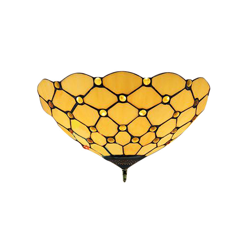 Tiffany Stained Glass Flush Mount Ceiling Light - Bowl Shape, 1 Head Yellow Fixture