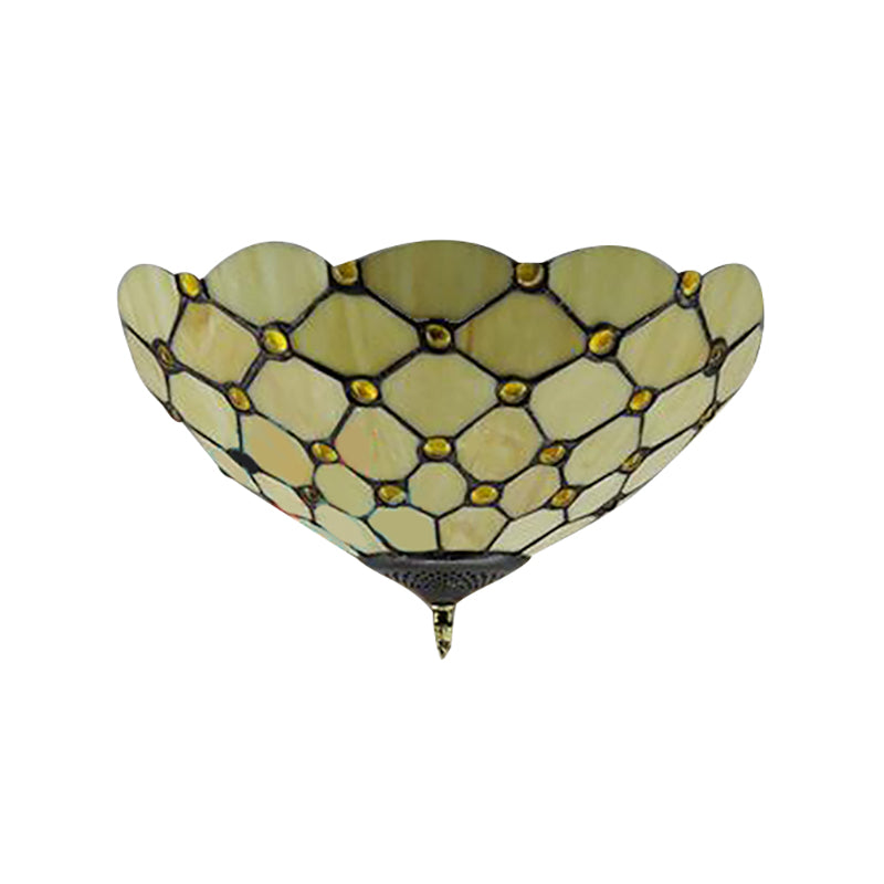 Tiffany Stained Glass Flush Mount Ceiling Light - Bowl Shape, 1 Head Yellow Fixture