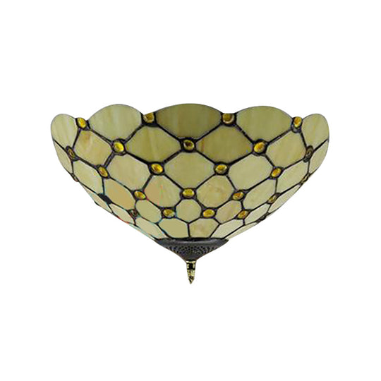 Tiffany Stained Glass Flush Mount Ceiling Light - Bowl Shape, 1 Head Yellow Fixture