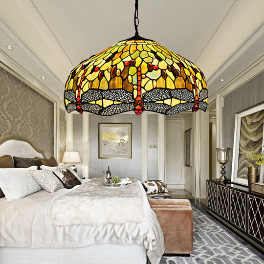 Tiffany-Style Dragonfly Domed Pendant Light - Yellow Stained Glass 2 Bulbs Suspended Lighting