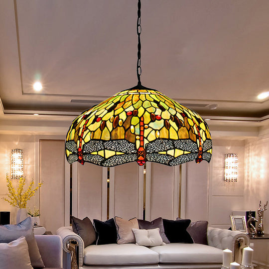 Tiffany-Style Domed Pendant Light with Dragonfly Pattern - Yellow Stained Glass, 2 Bulbs - 20.5"/21.5" Wide