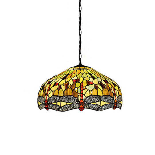 Tiffany-Style Domed Pendant Light with Dragonfly Pattern - Yellow Stained Glass, 2 Bulbs - 20.5"/21.5" Wide