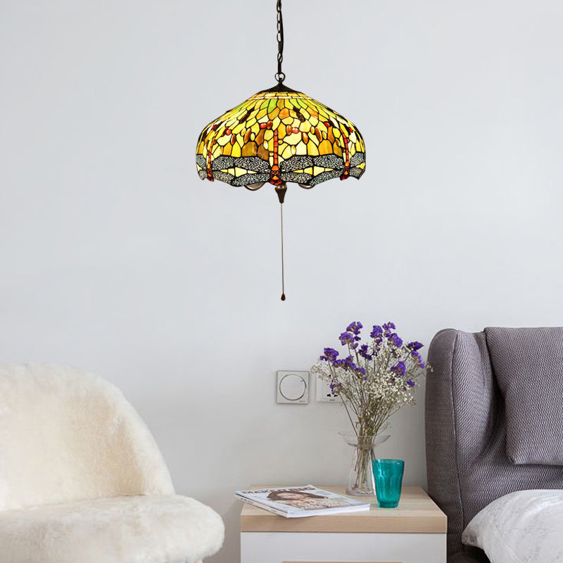 Tiffany-Style Domed Pendant Light with Dragonfly Pattern - Yellow Stained Glass, 2 Bulbs - 20.5"/21.5" Wide