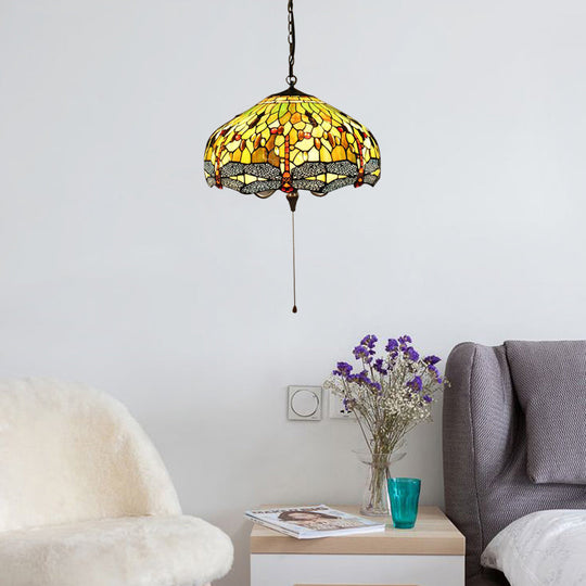 Tiffany-Style Domed Pendant Light with Dragonfly Pattern - Yellow Stained Glass, 2 Bulbs - 20.5"/21.5" Wide