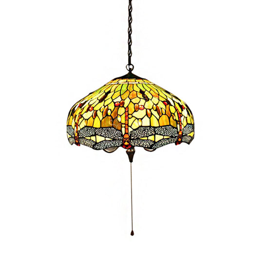 Tiffany-Style Domed Pendant Light with Dragonfly Pattern - Yellow Stained Glass, 2 Bulbs - 20.5"/21.5" Wide