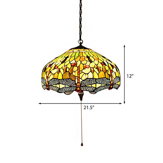 Tiffany-Style Domed Pendant Light with Dragonfly Pattern - Yellow Stained Glass, 2 Bulbs - 20.5"/21.5" Wide