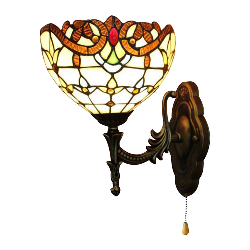 Victorian Stained Glass Wall Sconce Light With Pull Chain - Perfect For Bedroom Lighting