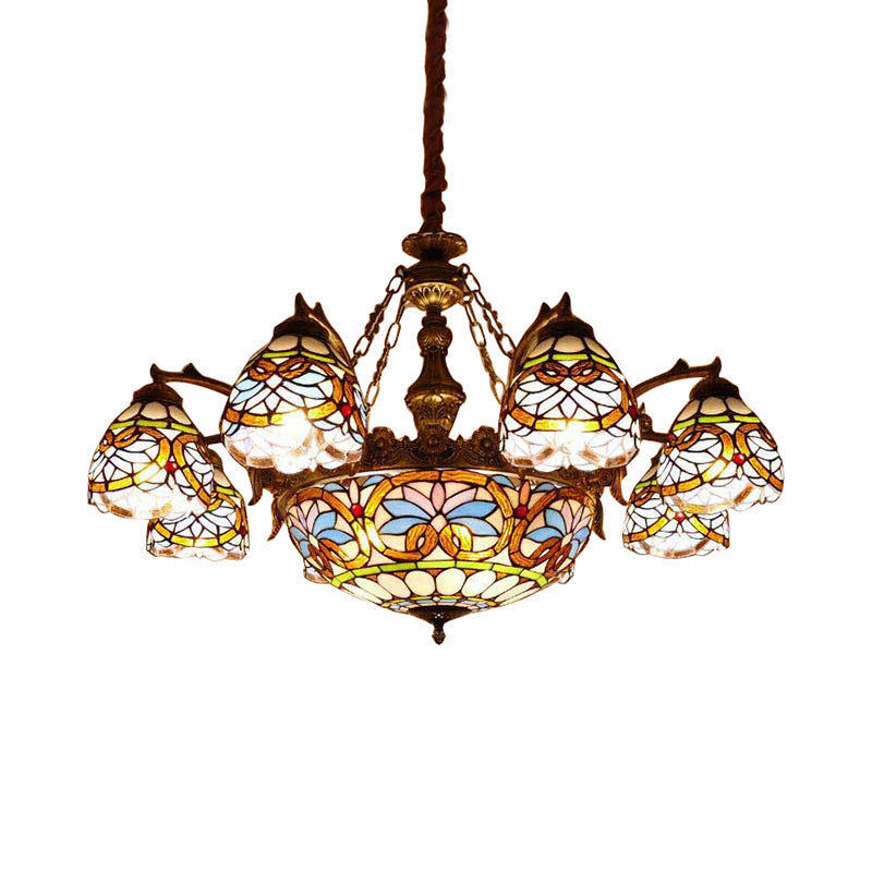 Tiffany Stained Glass Pendant with Flower Decoration and Cord: Bowl Hanging Ceiling Light