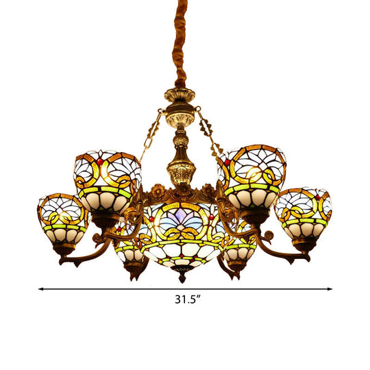 Tiffany Stained Glass Pendant with Flower Decoration and Cord: Bowl Hanging Ceiling Light