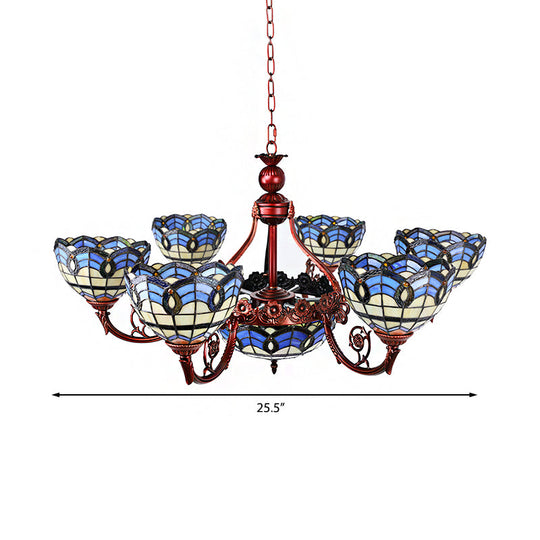 Tiffany 7/9 Heads Chandelier Light With Copper Finish And Bowl Glass Shade In Blue/Yellow