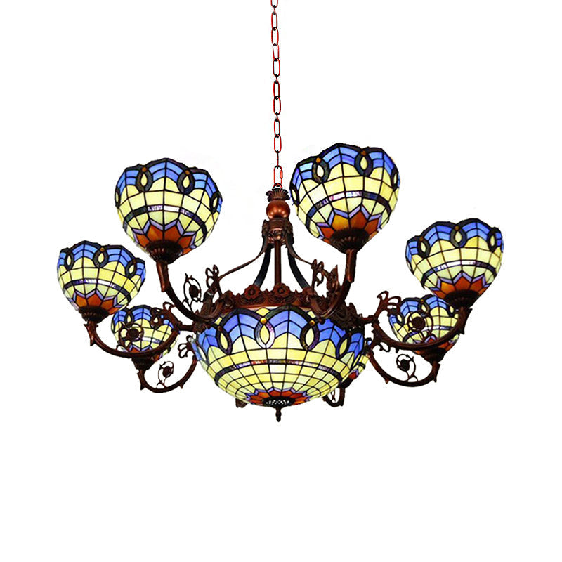 Tiffany Copper Finish Chandelier Light with Suspended Bowl Glass Shades & 7/9 Heads in Blue/Yellow