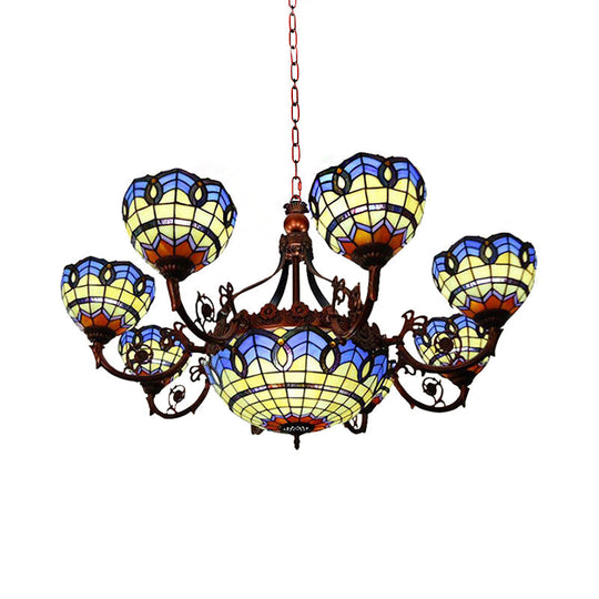 Tiffany Copper Finish Chandelier Light with Suspended Bowl Glass Shades & 7/9 Heads in Blue/Yellow