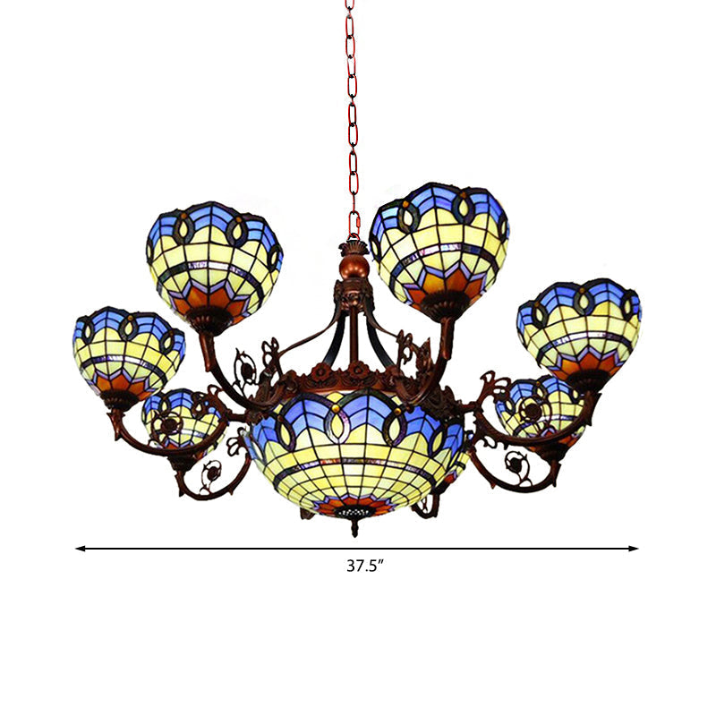 Tiffany Copper Finish Chandelier Light with Suspended Bowl Glass Shades & 7/9 Heads in Blue/Yellow