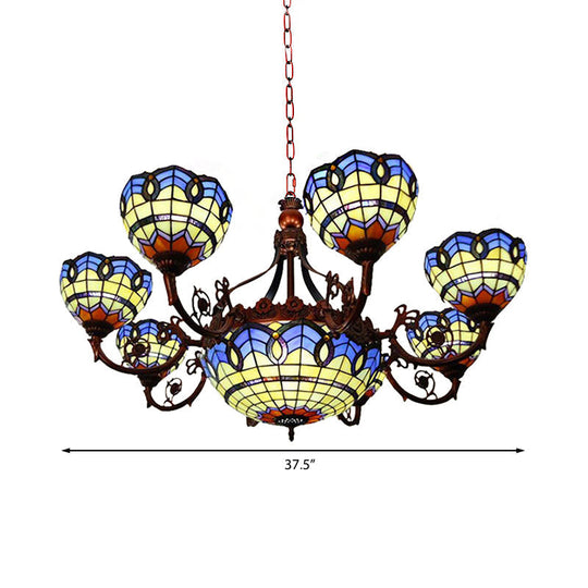 Tiffany 7/9 Heads Chandelier Light With Copper Finish And Bowl Glass Shade In Blue/Yellow