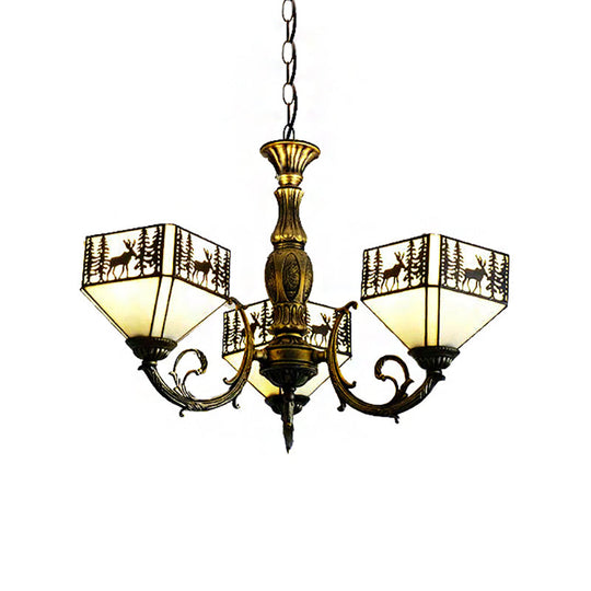 Small Retro Style Stained Glass Inverted Chandelier - 3-Light Suspended Light With Deer And Tree