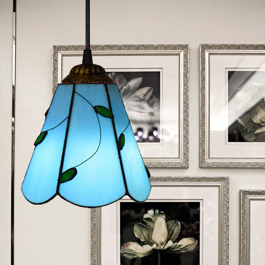 Tiffany Stained Glass Conical Mini Pendant Lamp - Blue/Beige Ideal For Living Room Blue