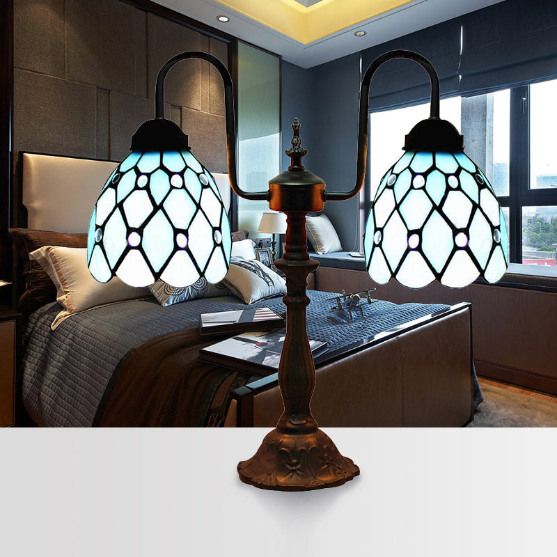 Vintage Stained Glass Dome Table Lamp With Industrial Accent In Blue - 2 Lights Ideal For Bedside