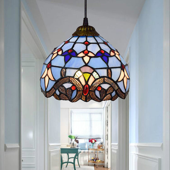 Victorian Style Stained Glass Dome Pendant Light With Bronze Finish Blue