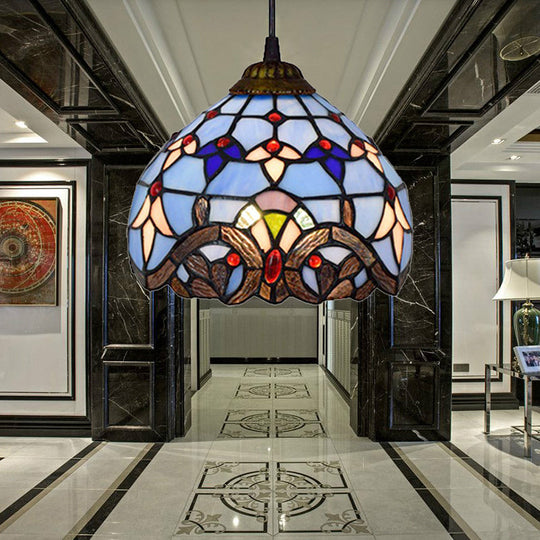 Victorian Style Stained Glass Dome Pendant Light With Bronze Finish