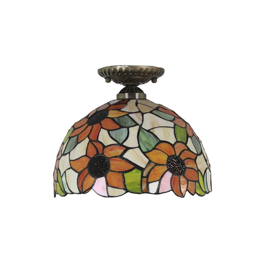 Antique Bronze Tiffany Style Art Glass Semi Flushmount Light With 2 Dome Lights For Corridor