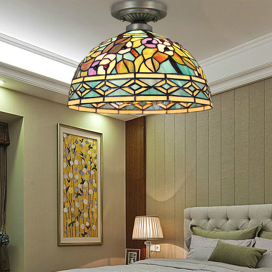 Antique Bronze Tiffany Style Art Glass Semi Flushmount Light With 2 Dome Lights For Corridor /