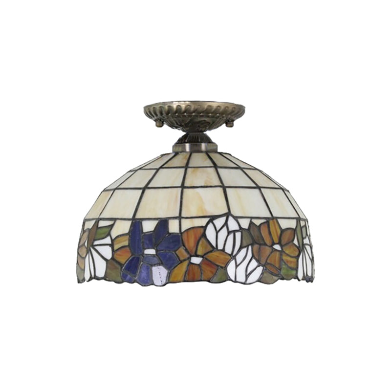 Antique Bronze Tiffany Style Art Glass Semi Flushmount Light With 2 Dome Lights For Corridor