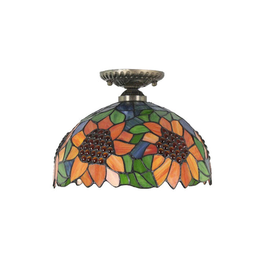 Antique Bronze Tiffany Style Art Glass Semi Flushmount Light With 2 Dome Lights For Corridor