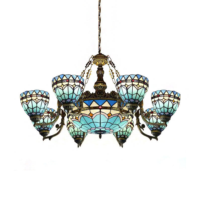 Vintage Stained Glass Hanging Lamp: Blue Domed Inverted Chandelier with 9 Lights for Living Room