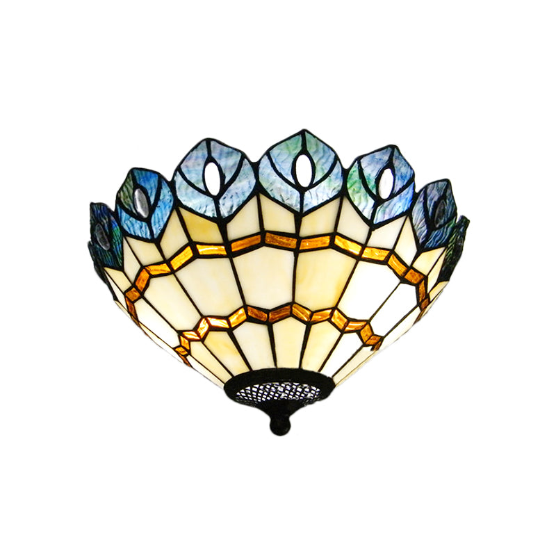 Peacock Stained Glass Flush Ceiling Light with Rustic Charm - 2 Lights for Living Room