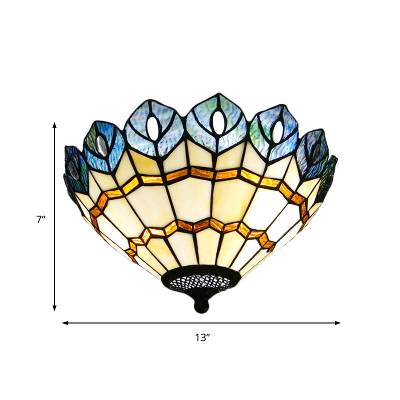 Peacock Stained Glass Flush Ceiling Light with Rustic Charm - 2 Lights for Living Room