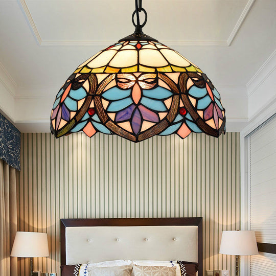 Bowl-Shaped Tiffany Style Hanging Lamp - Colorful Stained Glass 1-Light Pendant For Dining Room