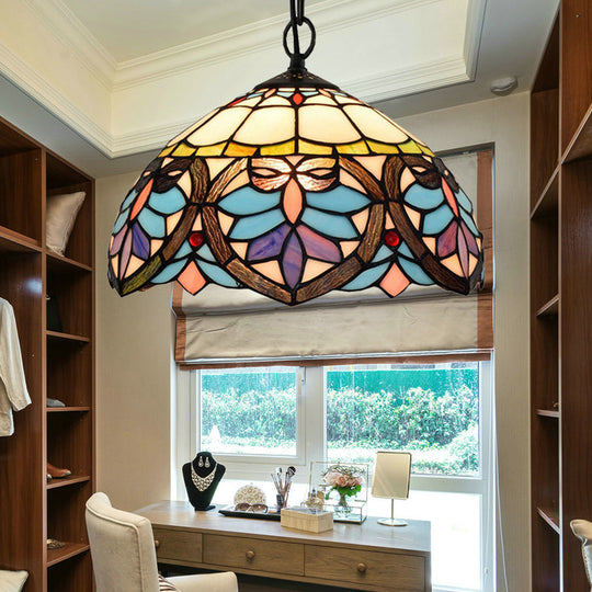 Bowl-Shaped Tiffany Style Hanging Lamp - Colorful Stained Glass 1-Light Pendant For Dining Room