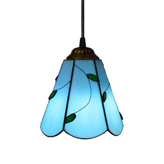 Handcrafted Mediterranean Stained Glass Pendant Light: Blue Cone Design for Bedroom