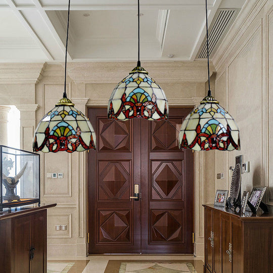 Baroque Style Stained Glass Linear Pendant With 3 Lights - Brown/Black For Dining Room