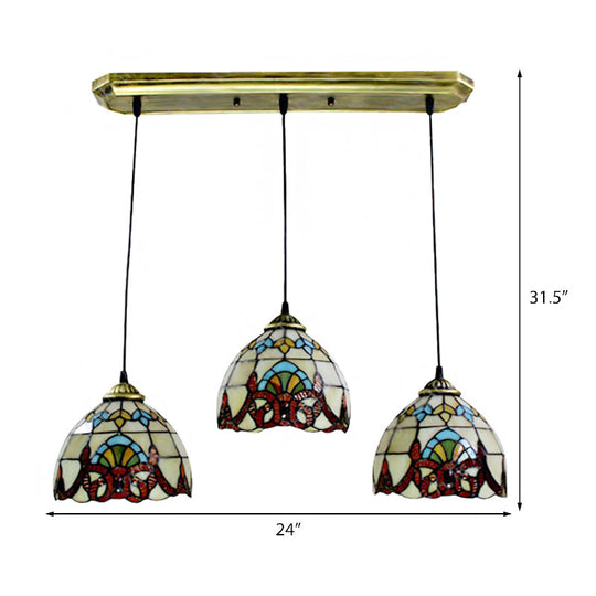 Baroque Style Stained Glass Pendant with 3 Lights - Brown/Black Linear Ceiling Fixture for Dining Room